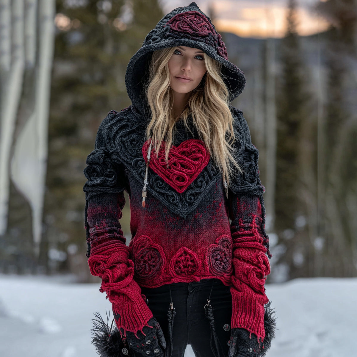 Women's Vintage Heart Gradient Art Knit Hooded Sweater artswardrobe