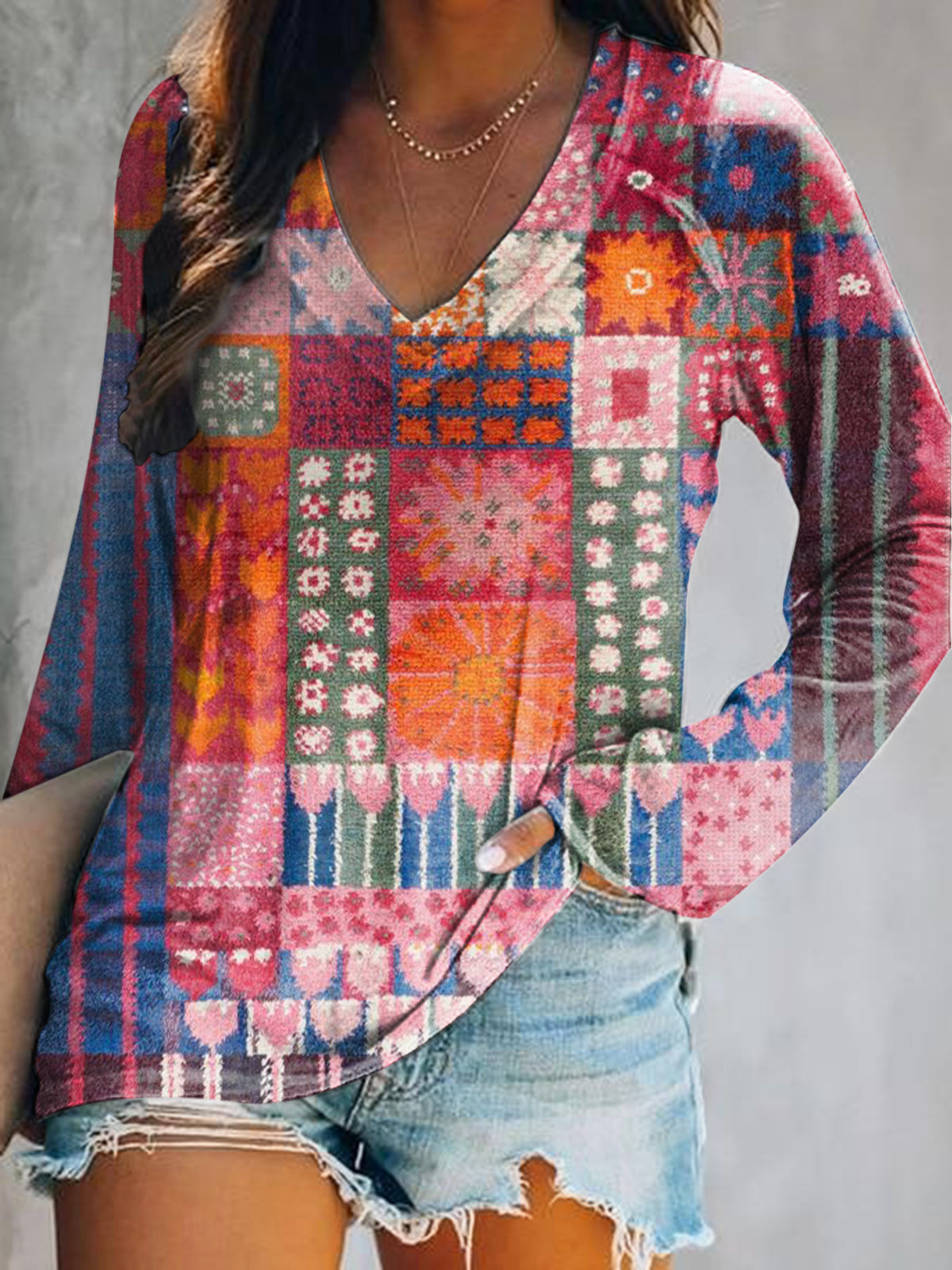 Women's Casual Vintage Floral Art Print V Neck Long Sleeve Tops