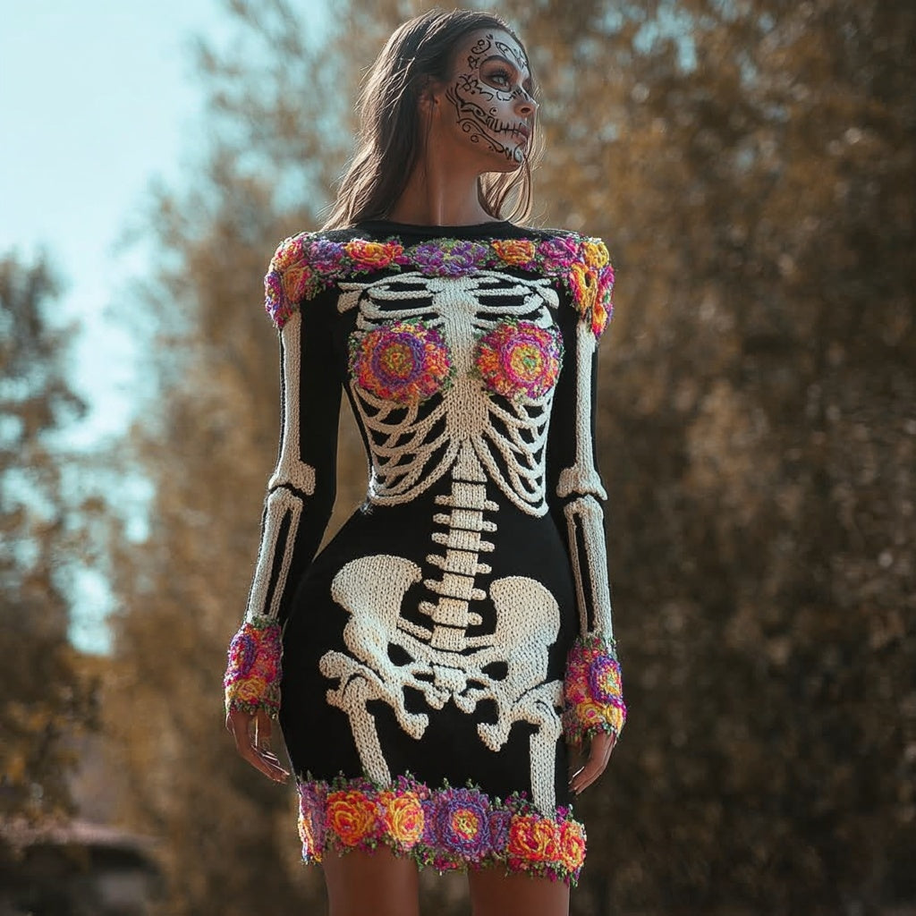 Day Of The Dead Inspired Floral Skeleton Cozy Sweater Dress artswardrobe