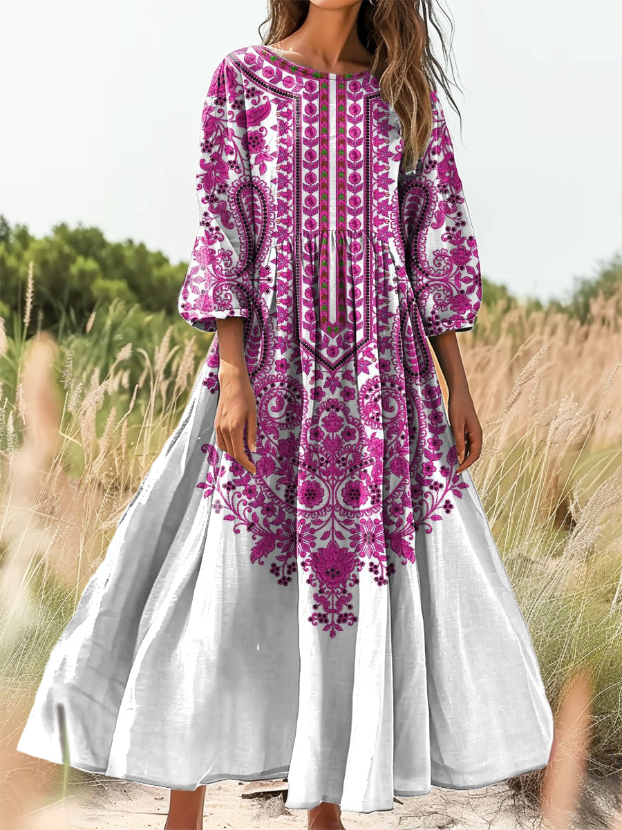 Women's Vintage Ethnic Floral Art Print Flowy Cotton Crew Neck Dress