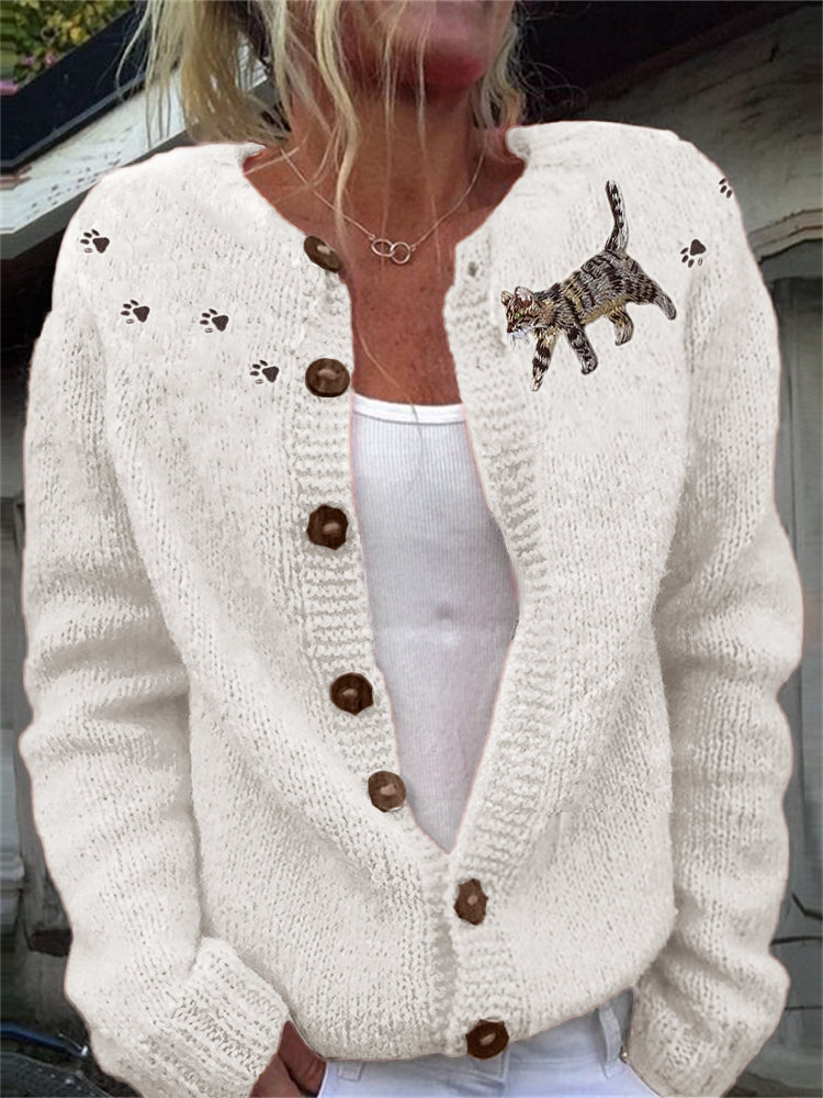 Cat & Paw Prints Yoke Embroidered Cozy Knit Cardigan elevenforest