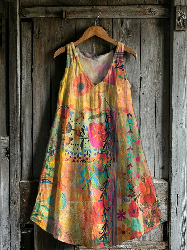 Women's Vintage Watercolor Floral Collage Print V-Neck Sleeveless Comf