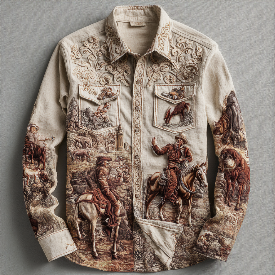 Western Cowboy Style Animal Elements Retro Cotton And Linen Men's Shirt artswardrobe