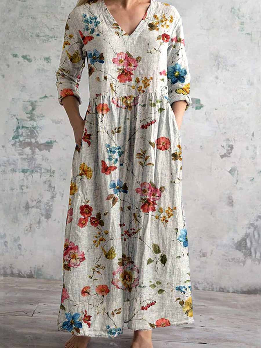 Women's V-Neck Retro Rose Floral Pattern Cotton And Linen Dress