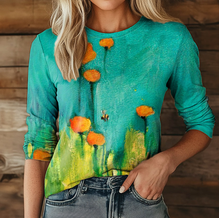 Women's Vintage Floral Art Print Casual V-neck Long Sleeve T-shirt