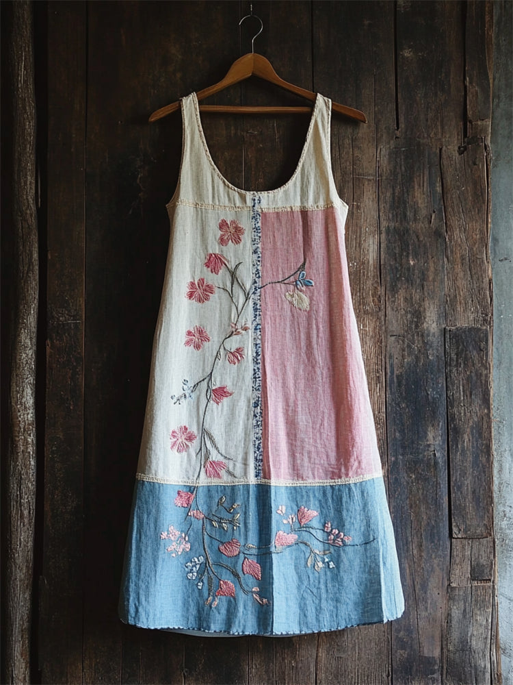 Comstylish Japanese Cherry Blossom Transgender Colorblock Linen Dress