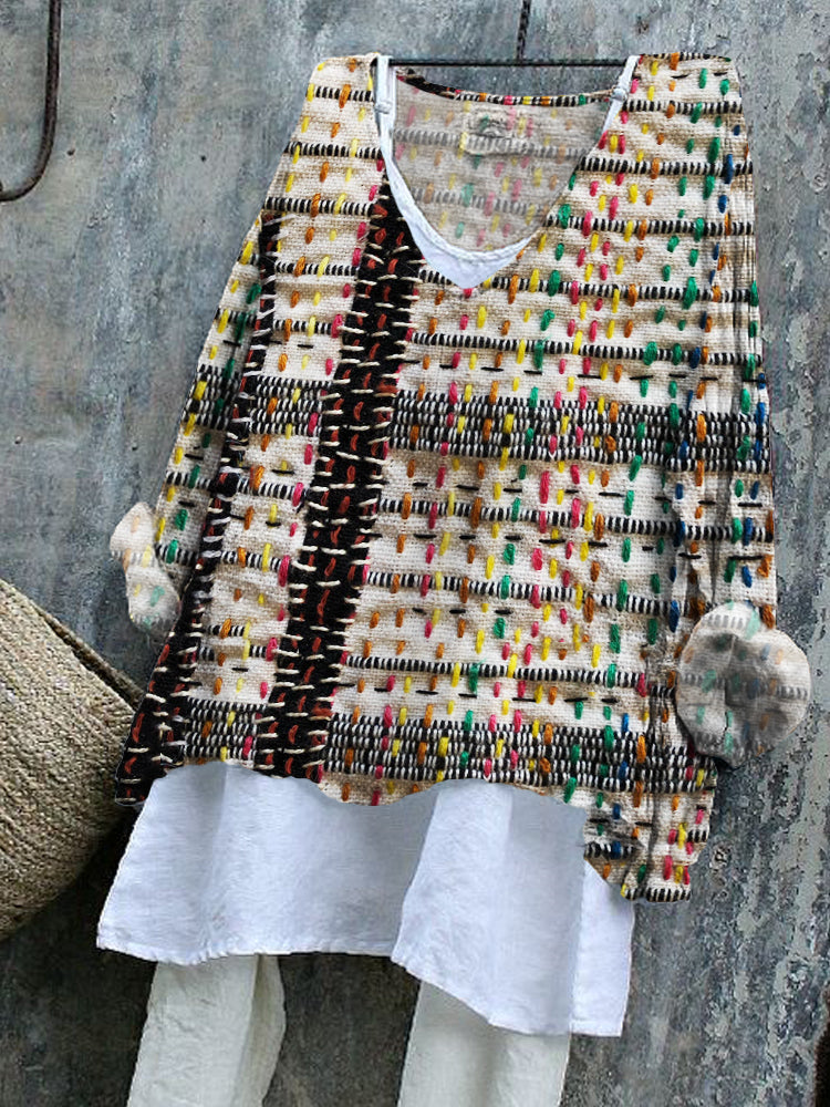 Comstylish Rainbow Colorful Embroidered Stitch Textile Art Linen Blend Tunic