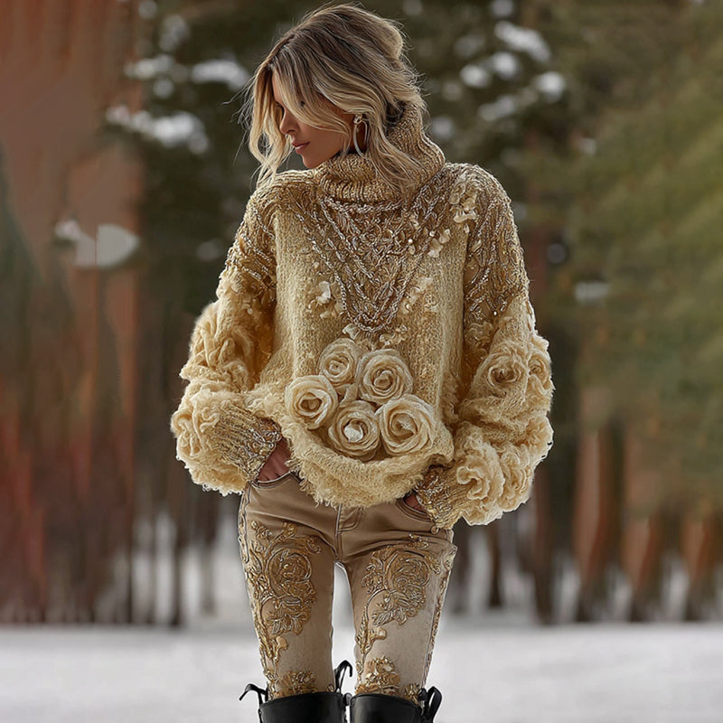 Comstylish Women's Vintage Yellow Rose Art Knit Cozy High Neck Sweater