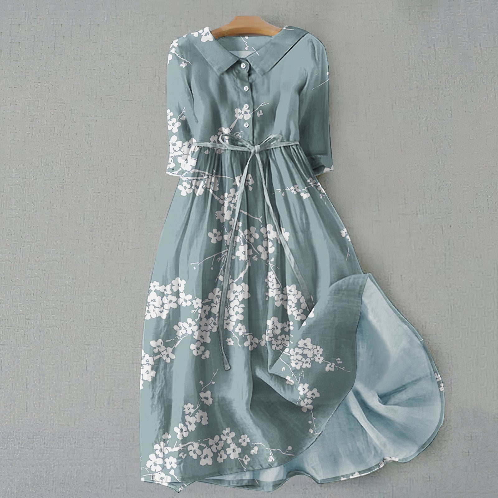 Comstylish Vintage Cherry Blossom Print Lapel Lace-Up Loose Midi Dress