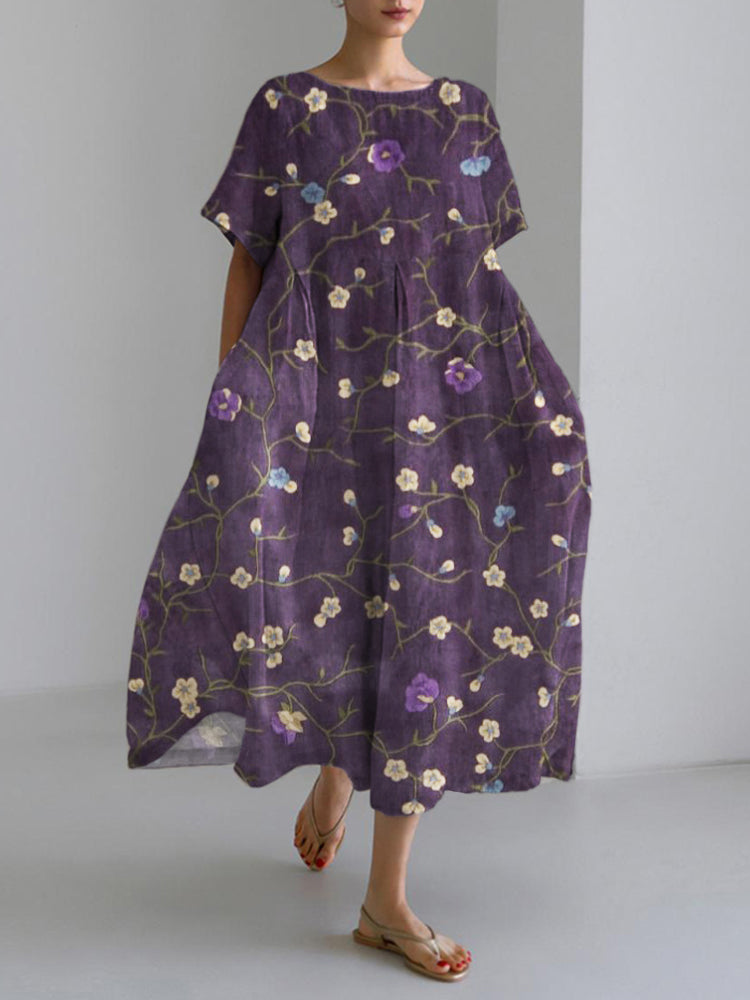 Comstylish Purple Vineman Floral Art Linen Maxi Dress