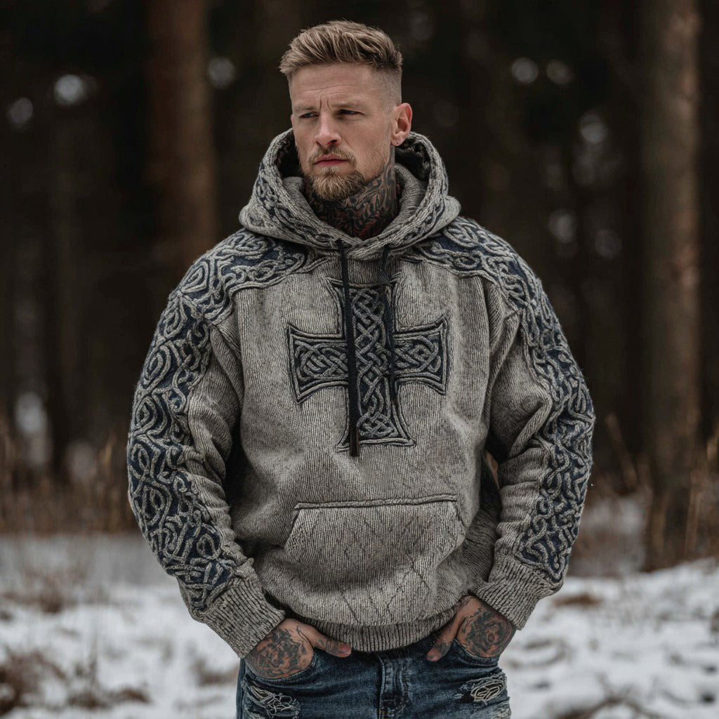 Men'a Vintage Celtic Cross Jacquard Cozy Hooded Sweater artswardrobe