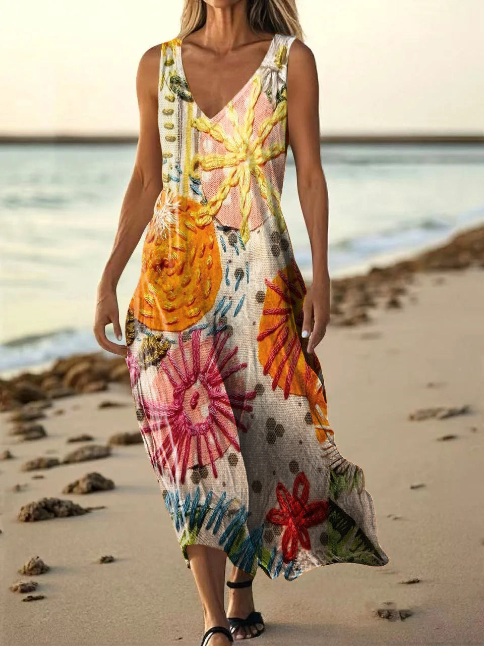 Women's Colorful Ethnic Flower Art Print Pocket V Neck Cotton Dress