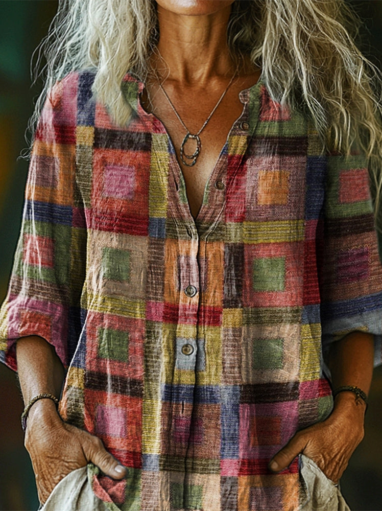 Women's Retro Geometric Collage Art Pattern Print Casual Cotton Linen