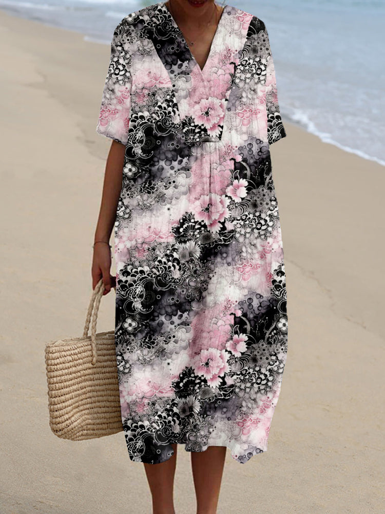 Traditional Japanese Silk Floral Linen Blend Midi Dress