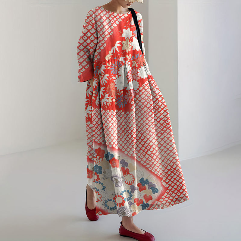 Comstylish Japanese Art Flower Print Round Neck Loose Midi Dress