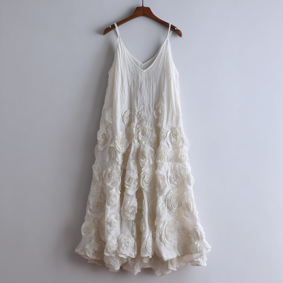 Bohemian Style Woman's V-neck White Rose Dress artswardrobe