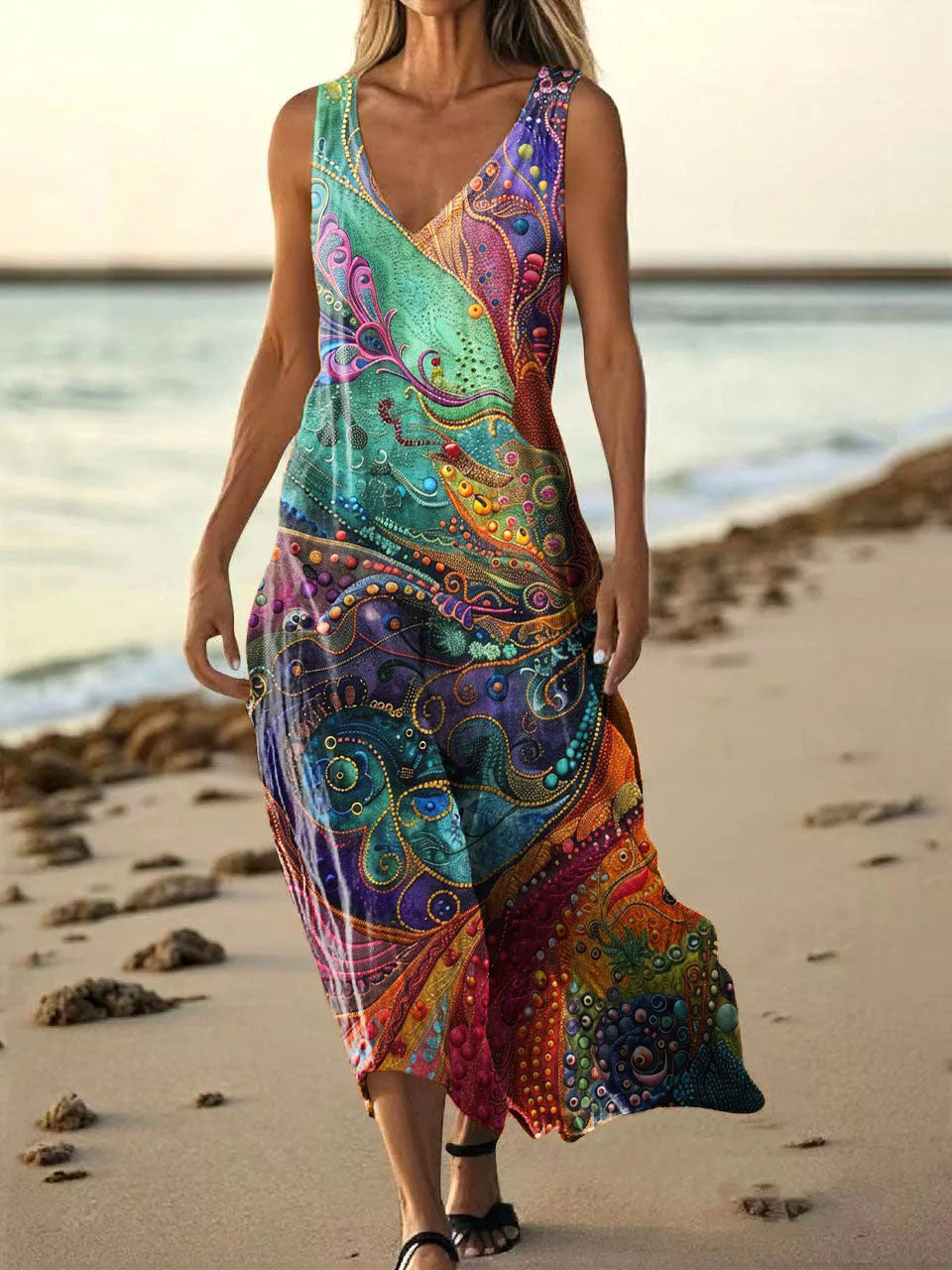 Women's Colorful Folk Art Print V-neck Sleeveless Pocket Cotton Dress