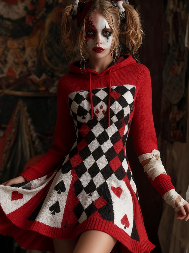 Women's Halloween Card Game Clown Retro Knitted Sweater Dress artswardrobe