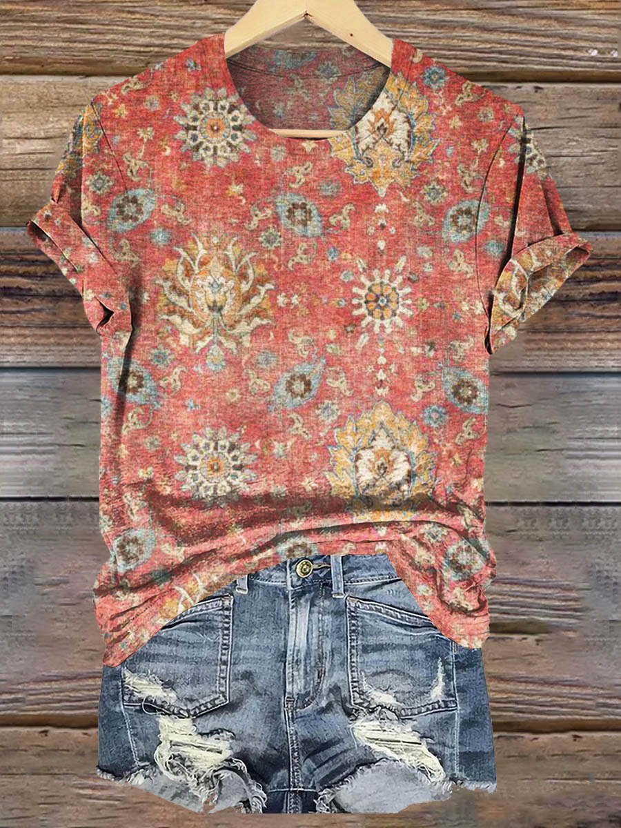 Women's Retro Ethnic Totem Pattern Print Crew Neck T-shirt