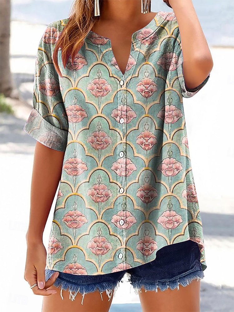 Women's Vintage Ethnic Floral Art Print Casual Cotton And Linen Shirt