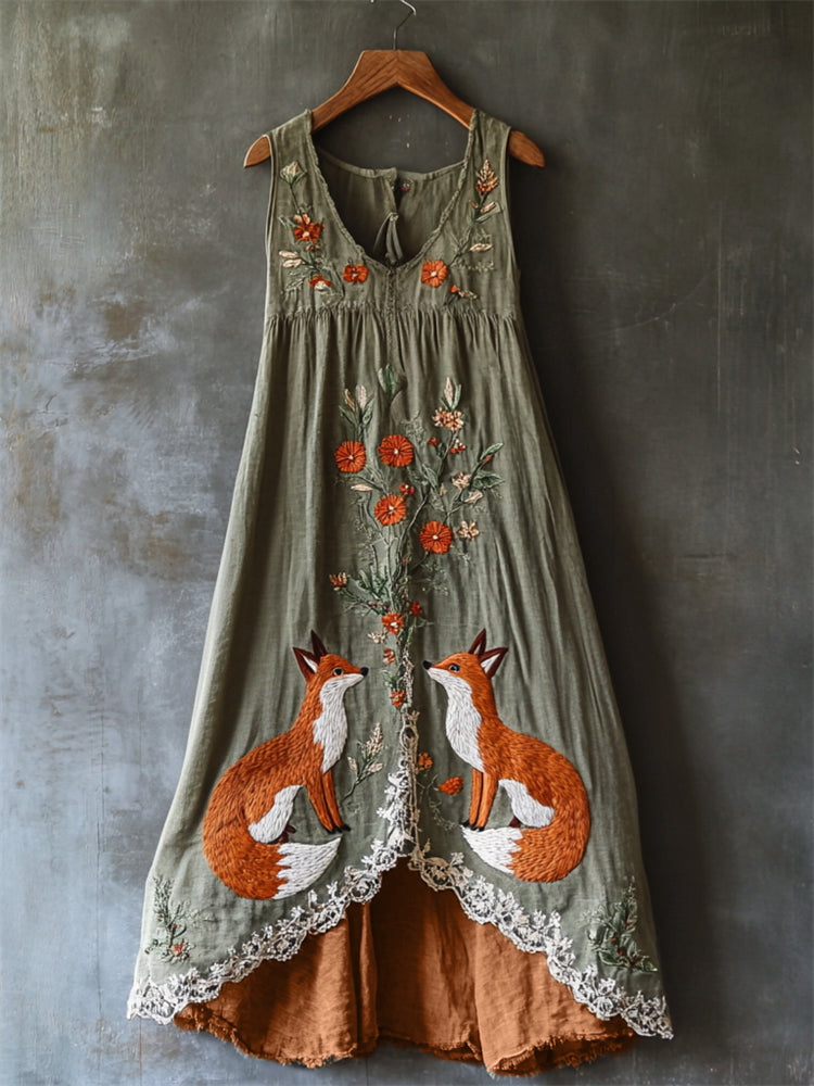 Comstylish Vintage Fox Floral Embroidered Lace Layered Linen Dress