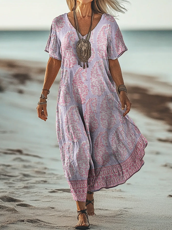 Women's Art Floral Hippie Vintage Print V Neck Dress