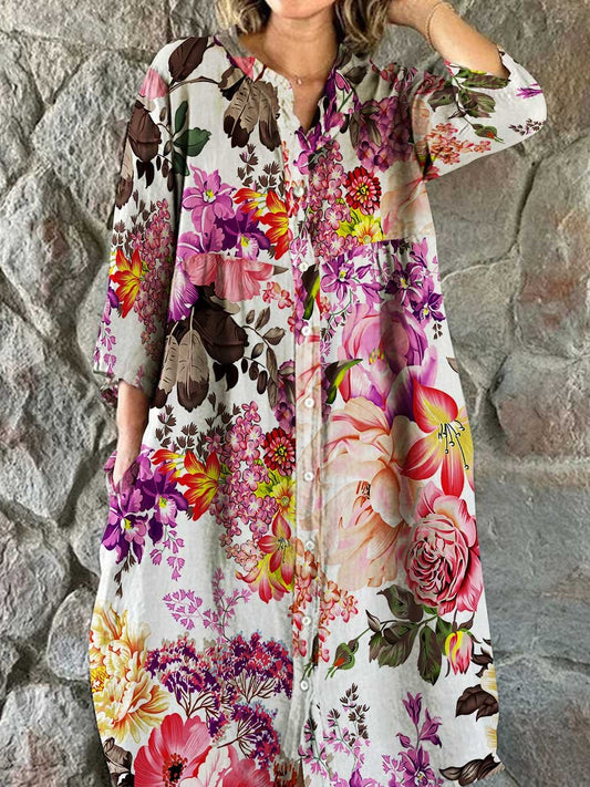 Women's Elegant Vintage Floral Print Shirt Style Cotton and Linen Dres