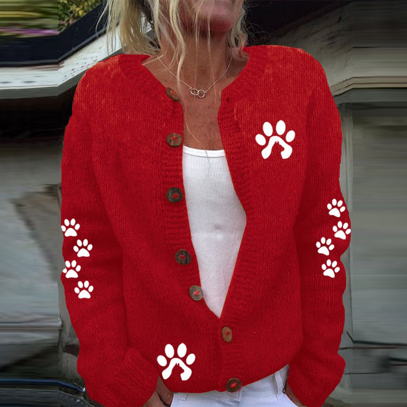 Comstylish Cute Paw Print Long Sleeved Knitted Cardigan