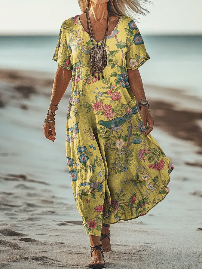 Women's Vintage Floral Art Print Pocket Cotton Dress