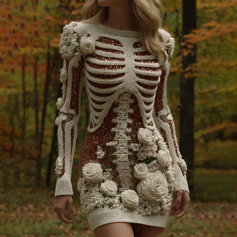 Comstylish Women's Rose Skeleton Art Round Neck Knit Mini Sweater Dress