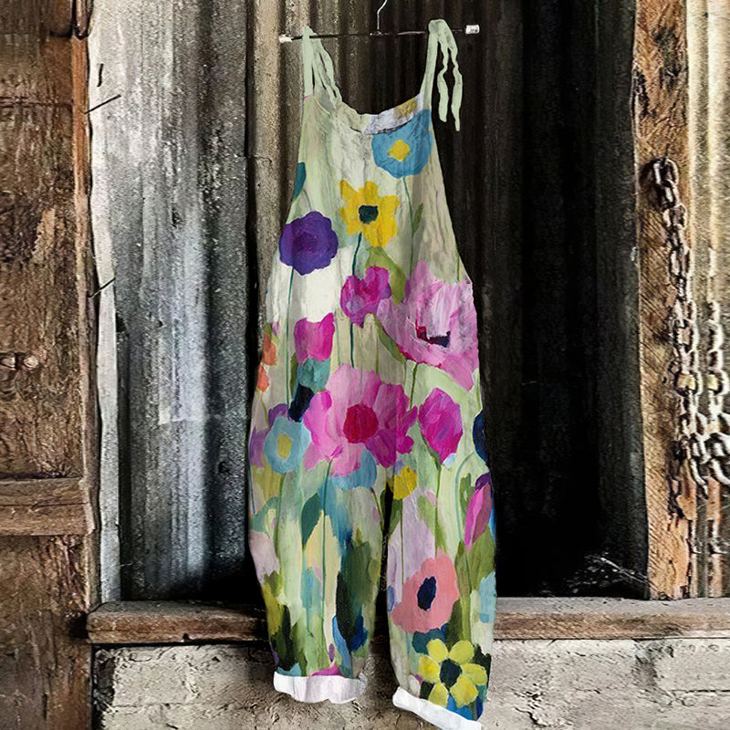 Comstylish Color Block Floral Art Printed Casual Jumpsuit