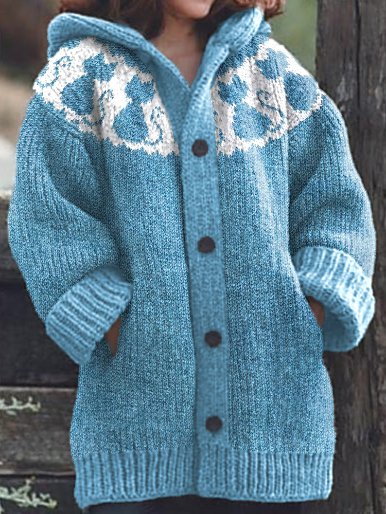 Cute Cats Pattern Cozy Knit Hooded Cardigan elevenforest