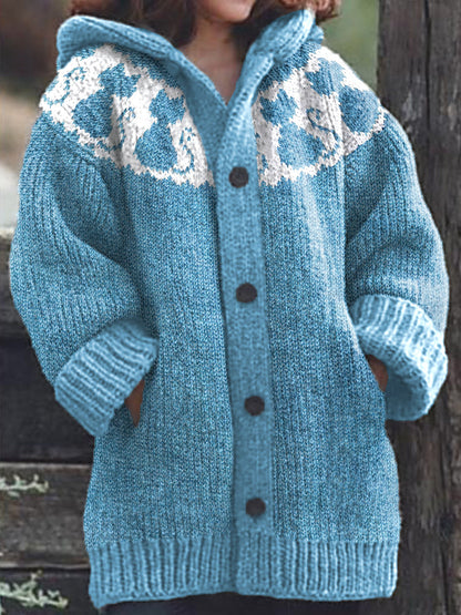 Cute Cats Pattern Cozy Knit Hooded Cardigan elevenforest