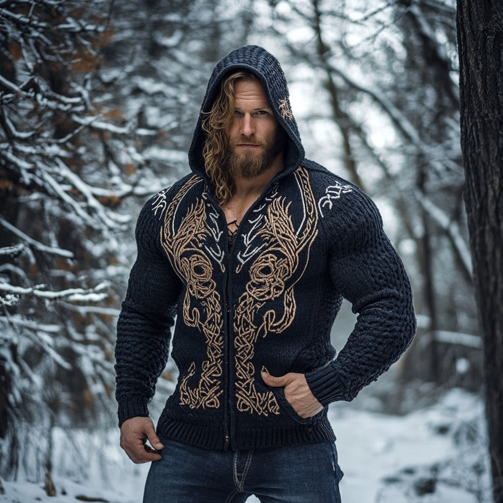 Vintage Viking Dragon Graphic Knit Zip-up Hooded Sweater artswardrobe