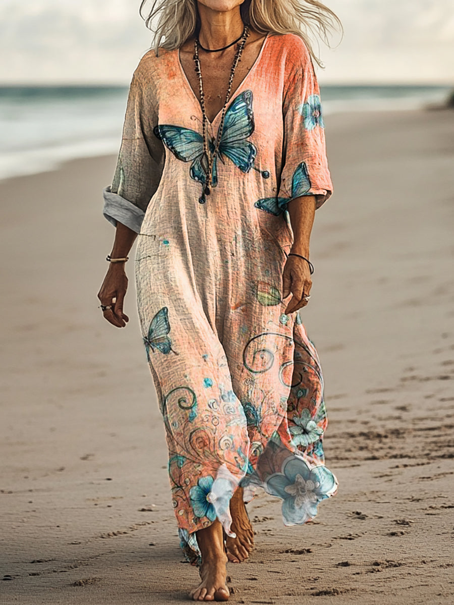 Women's Vintage Butterfly Art Print Pocket Cotton Dress