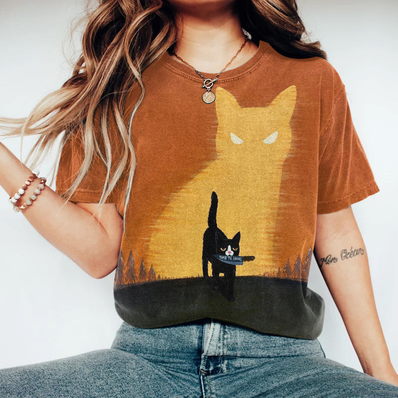 Time To Shine Cat Printed Casual T-Shirt elevenforest