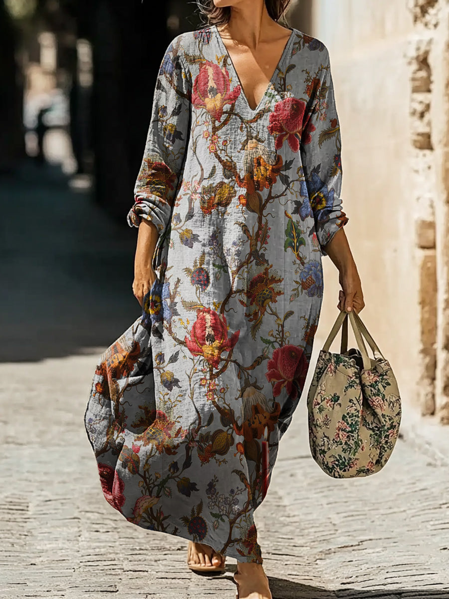 Women's Vintage Folk Flower Art Print Pocket Cotton Dress