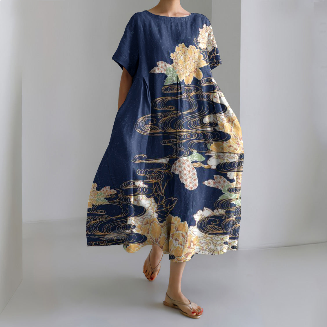 Comstylish Japanese Art Flower Print Round Neck Short Sleeve Midi Dress