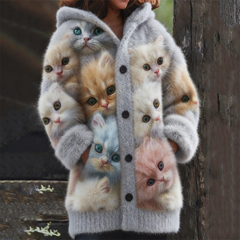 Comstylish Colorful Crowded Fuzzy Cats Cozy Hooded Cardigan