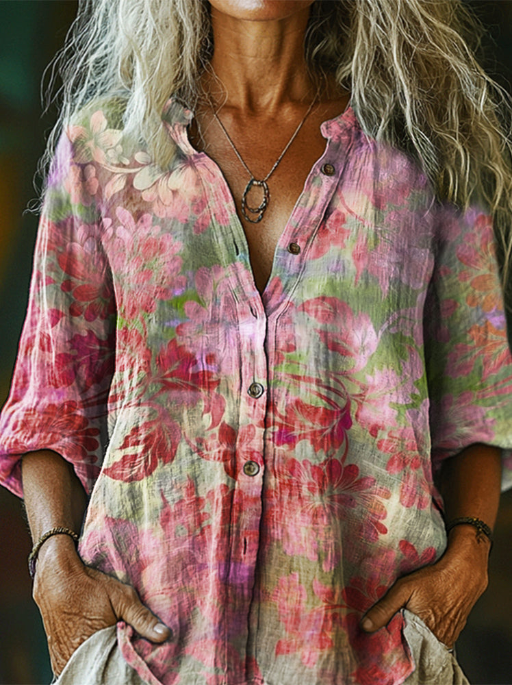Women's Floral Art Print Linen And Cotton V-neck Casual Shirt