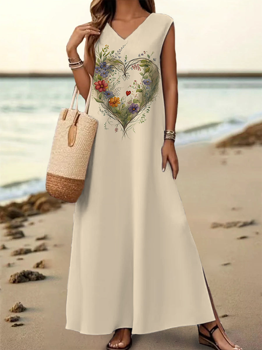 Women's Floral Heart Pattern Art Print V-Neck Sleeveless Cotton Pocket