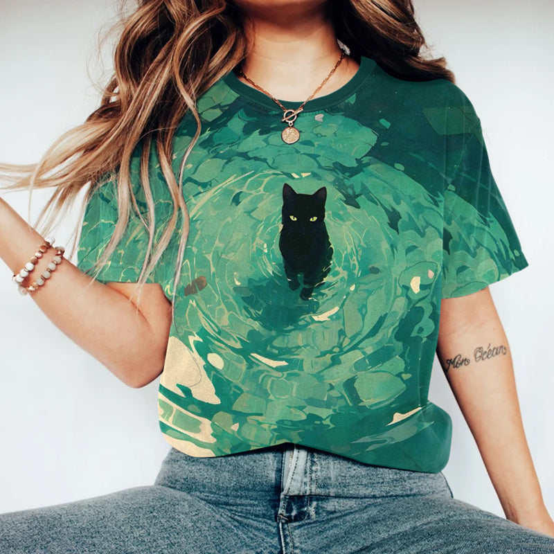 Comstylish Women's Vintage Cat Art Print T-shirt