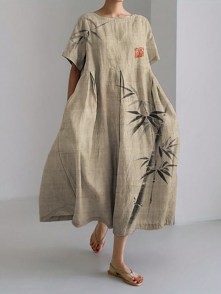Comstylish Simple Bamboo Japanese Art Linen Blend Maxi Dress