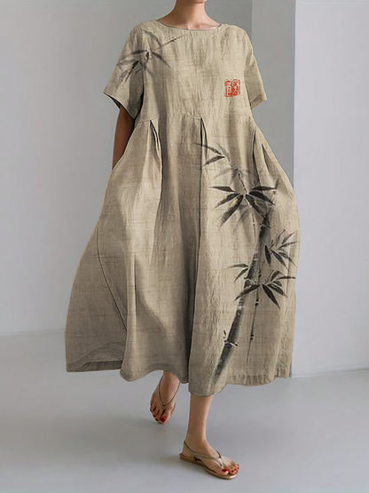 Comstylish Simple Bamboo Japanese Art Linen Blend Maxi Dress
