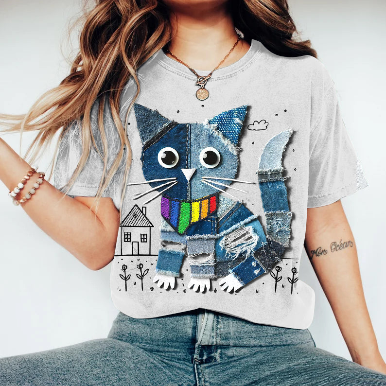 Women's Pride Denim Cat Art Print Short Sleeve T-shirt elevenforest