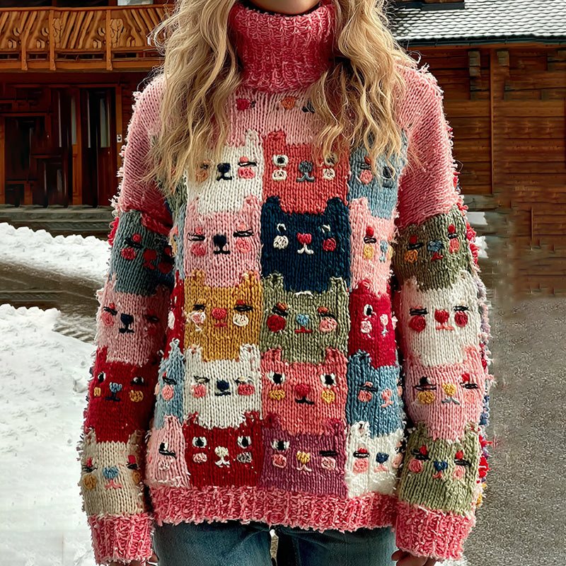 Colorful Cats Pattern Art Cozy Knit Turtleneck Sweater artswardrobe