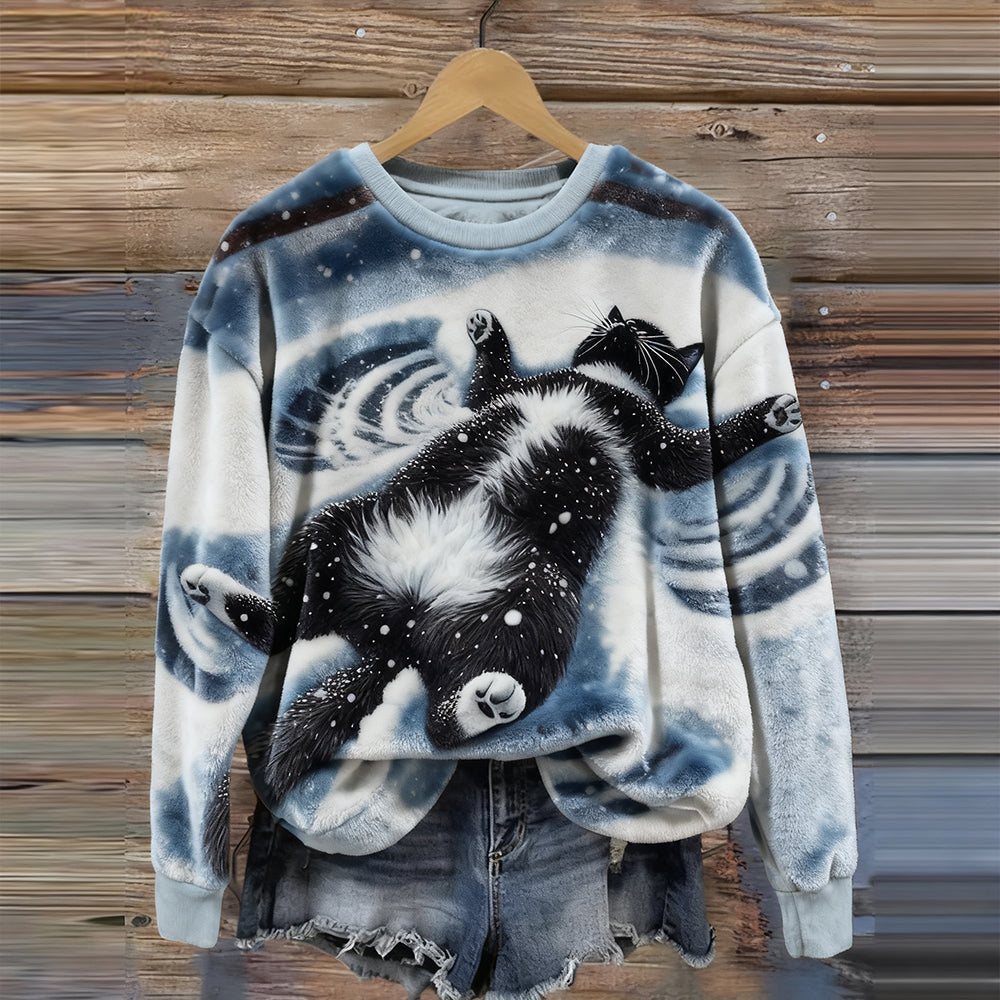 Comstylish Lovely Cat In The Snow Round Neck Plush Sweatshirt