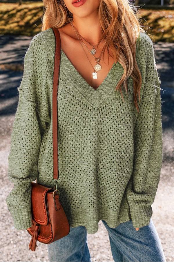 Simona® | Jungle green plain oversized hollow out knit sweater