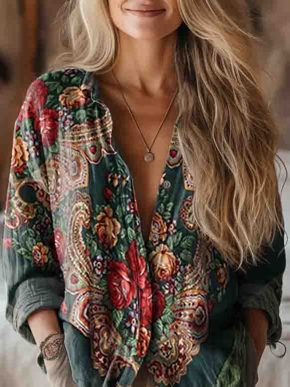 Women's Vintage Floral Art Print Casual Long Sleeve Comfortable Cotton