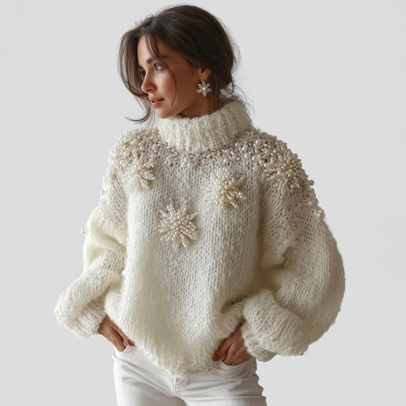 Comstylish Women's White Christmas Decorations Snoeflake Art High Neck Sweater